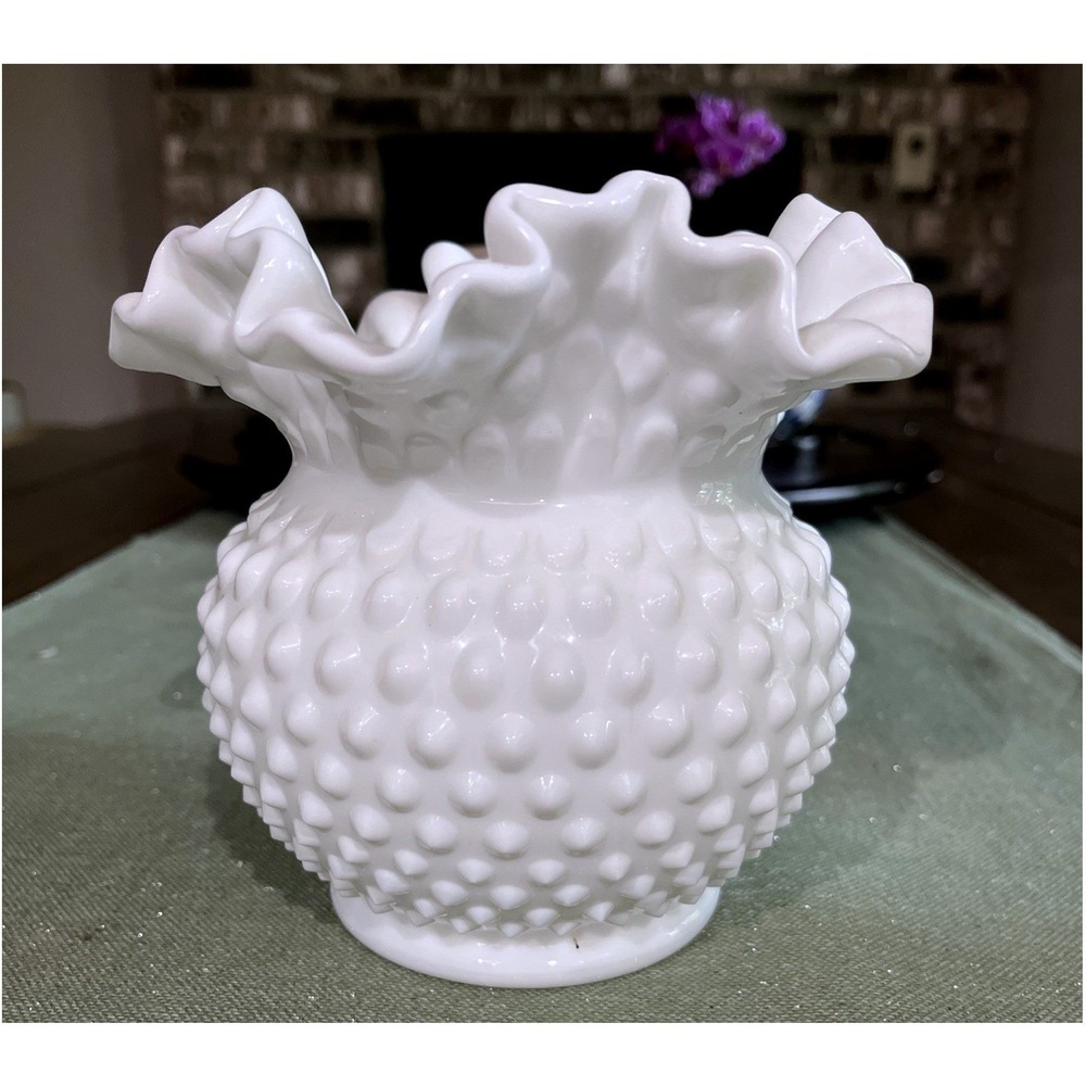 Fenton Hobnail Milk Glass Double Crimped Ruffled Vase, Vintage, 5 Inches